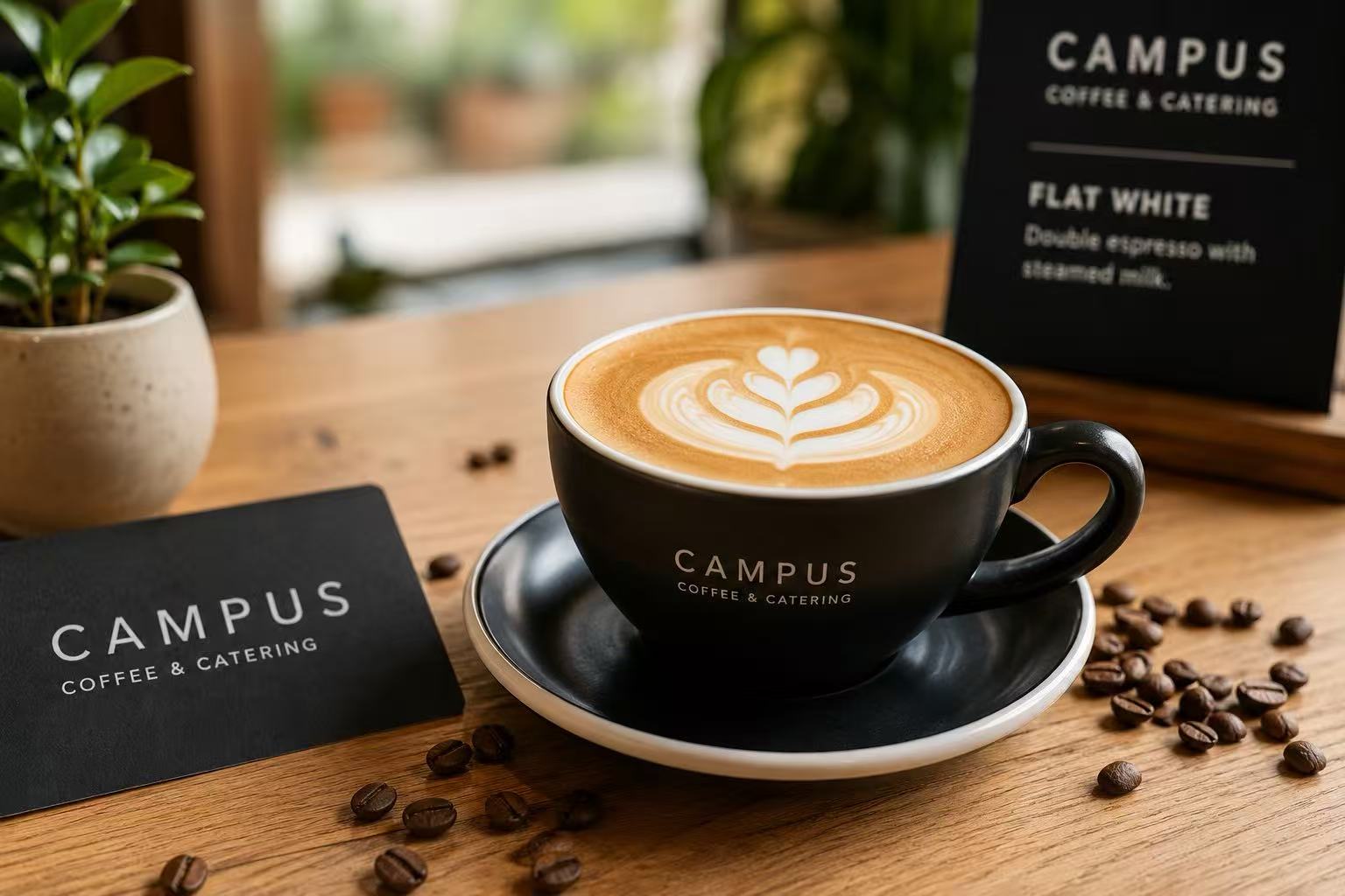 Flat white with leaf art in a ceramic cup